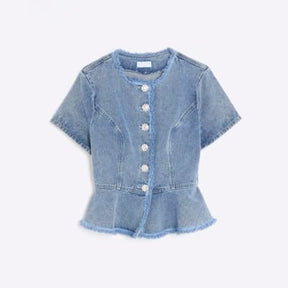Blue Denim Short Sleeve Peplum Jacket