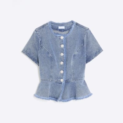 Blue Denim Short Sleeve Peplum Jacket