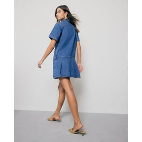 Blue Denim Short Sleeve Pleated Mini Dress