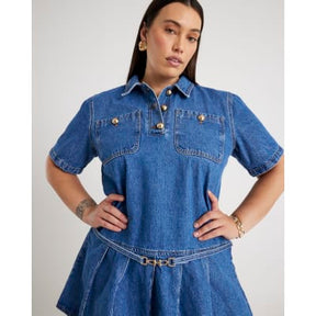 Blue Denim Short Sleeve Pleated Mini Dress