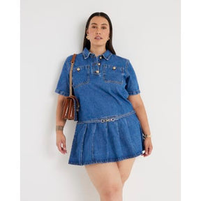 Blue Denim Short Sleeve Pleated Mini Dress