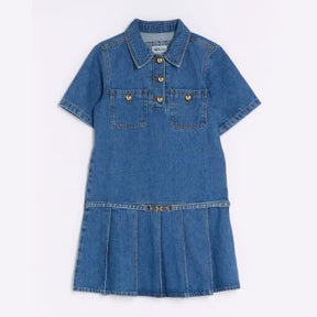 Blue Denim Short Sleeve Pleated Mini Dress