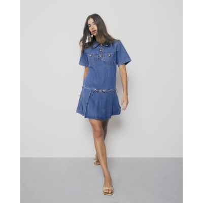Blue Denim Short Sleeve Pleated Mini Dress