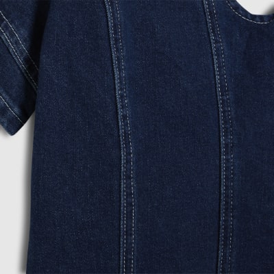 Blue Denim Short Sleeve Seamed Mini Dress