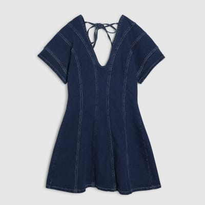 Blue Denim Short Sleeve Seamed Mini Dress