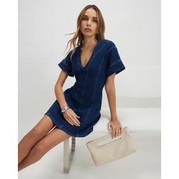 Blue Denim Short Sleeve Seamed Mini Dress