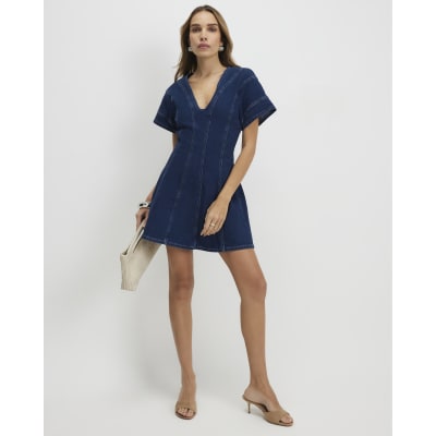 Blue Denim Short Sleeve Seamed Mini Dress
