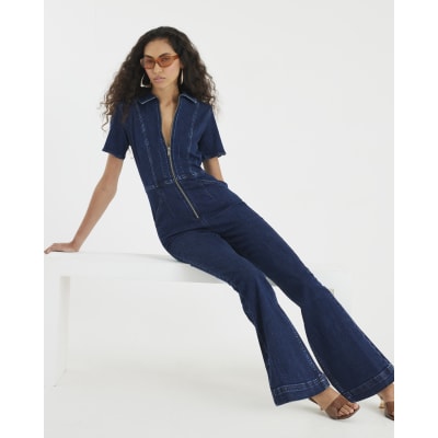 Blue Denim Short Sleeve Seamed Zip Jumpsuit