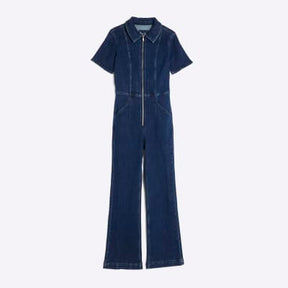 Blue Denim Short Sleeve Seamed Zip Jumpsuit
