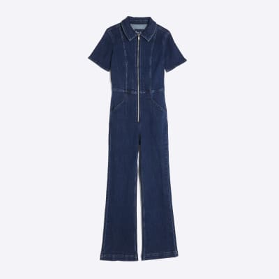 Blue Denim Short Sleeve Seamed Zip Jumpsuit