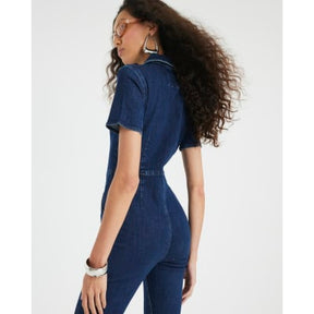 Blue Denim Short Sleeve Seamed Zip Jumpsuit