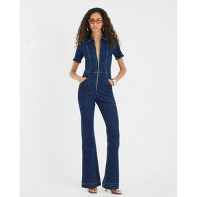 Blue Denim Short Sleeve Seamed Zip Jumpsuit