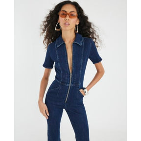Blue Denim Short Sleeve Seamed Zip Jumpsuit