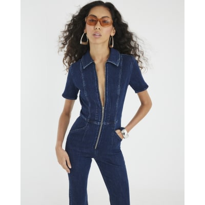 Blue Denim Short Sleeve Seamed Zip Jumpsuit