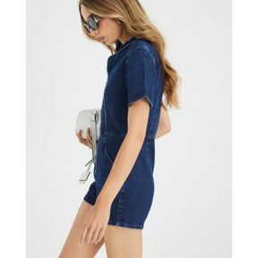 Blue Denim Short Sleeve Seamed Zip Playsuit