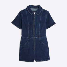 Blue Denim Short Sleeve Seamed Zip Playsuit