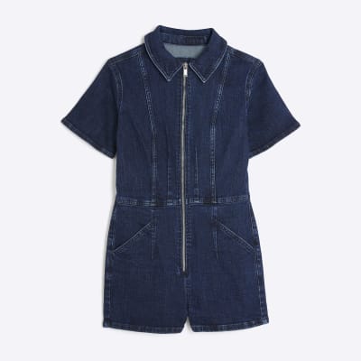 Blue Denim Short Sleeve Seamed Zip Playsuit