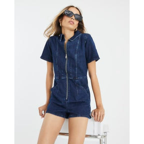 Blue Denim Short Sleeve Seamed Zip Playsuit