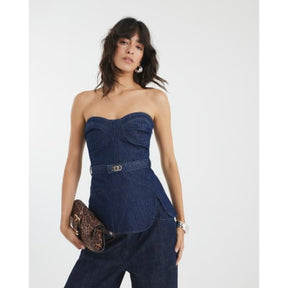 Blue Denim Sleeveless Belted Bandeau Top