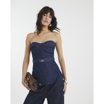 Blue Denim Sleeveless Belted Bandeau Top