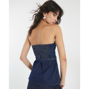 Blue Denim Sleeveless Belted Bandeau Top