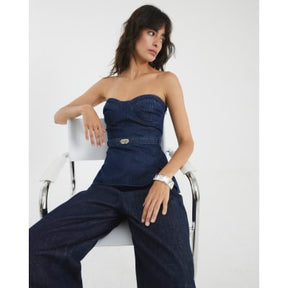 Blue Denim Sleeveless Belted Bandeau Top