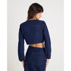 Blue Denim Studded Cropped Jacket