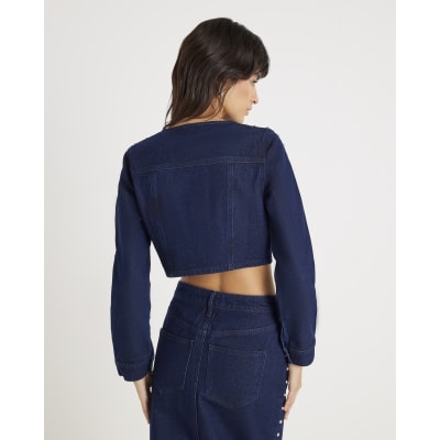 Blue Denim Studded Cropped Jacket