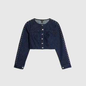 Blue Denim Studded Cropped Jacket