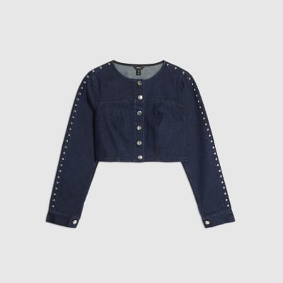 Blue Denim Studded Cropped Jacket
