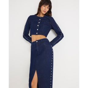 Blue Denim Studded Cropped Jacket