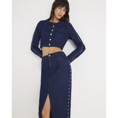 Blue Denim Studded Cropped Jacket