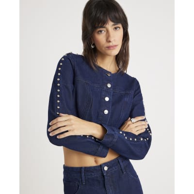 Blue Denim Studded Cropped Jacket