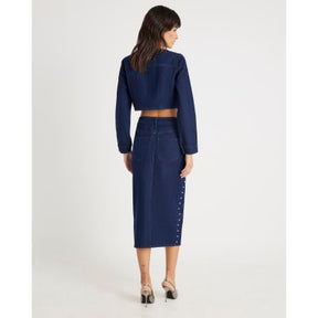 Blue Denim Studded Midi Pencil Skirt