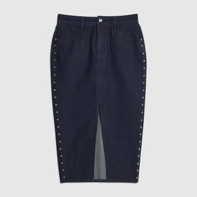 Blue Denim Studded Midi Pencil Skirt