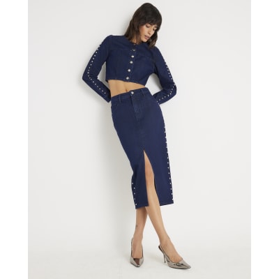 Blue Denim Studded Midi Pencil Skirt
