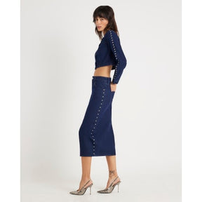 Blue Denim Studded Midi Pencil Skirt