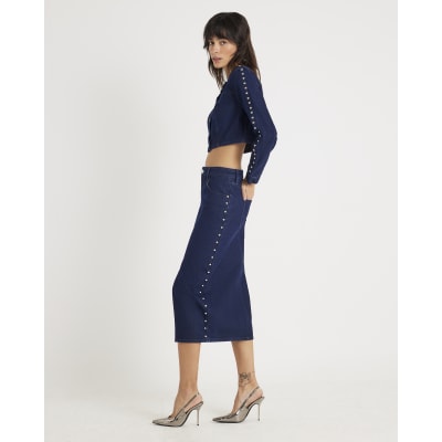 Blue Denim Studded Midi Pencil Skirt