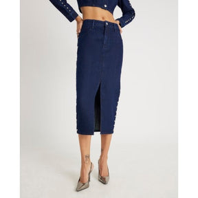 Blue Denim Studded Midi Pencil Skirt