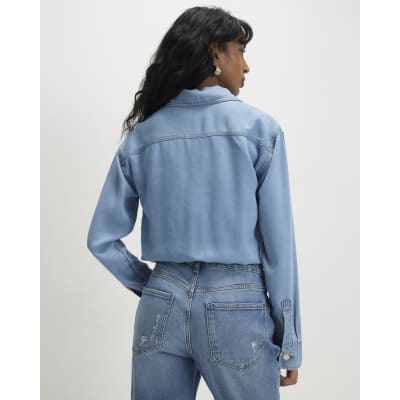Blue Denim Tencel Bubble Hem Bomber Jacket