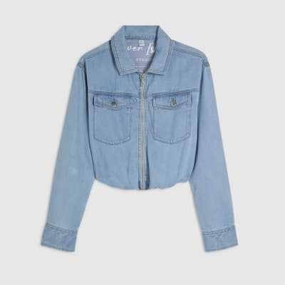 Blue Denim Tencel Bubble Hem Bomber Jacket
