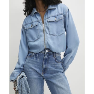 Blue Denim Tencel Bubble Hem Bomber Jacket