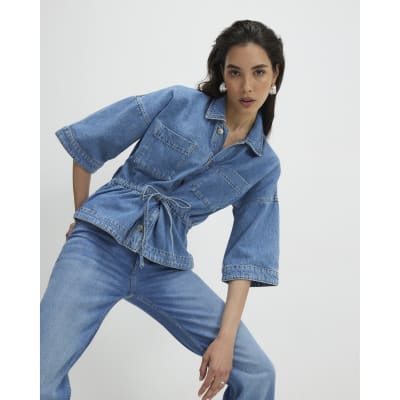 Blue Denim Tie Front Top