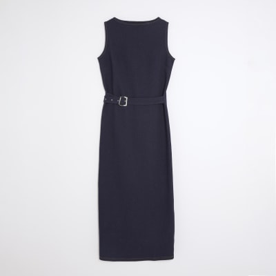 Blue Denim Twill Belted Midi Dress