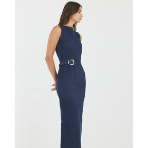 Blue Denim Twill Belted Midi Dress
