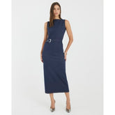 Blue Denim Twill Belted Midi Dress