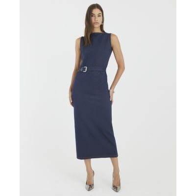 Blue Denim Twill Belted Midi Dress