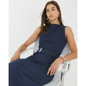 Blue Denim Twill Belted Midi Dress