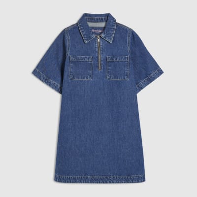 Blue Denim Zip Front Mini Shirt Dress