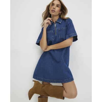 Blue Denim Zip Front Mini Shirt Dress